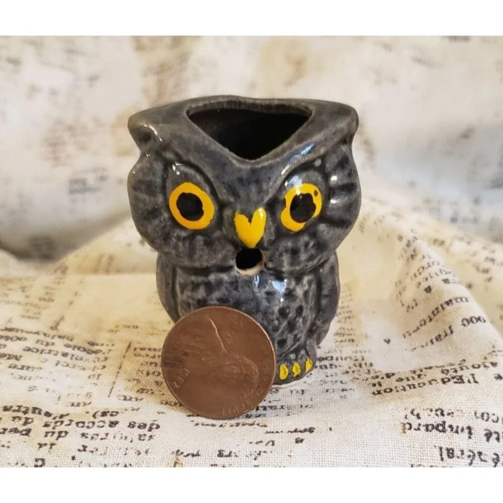 Artsy, Boho, Rustic, Earthy  - Vintage Miniature Owl Pitcher Gray and Yellow
